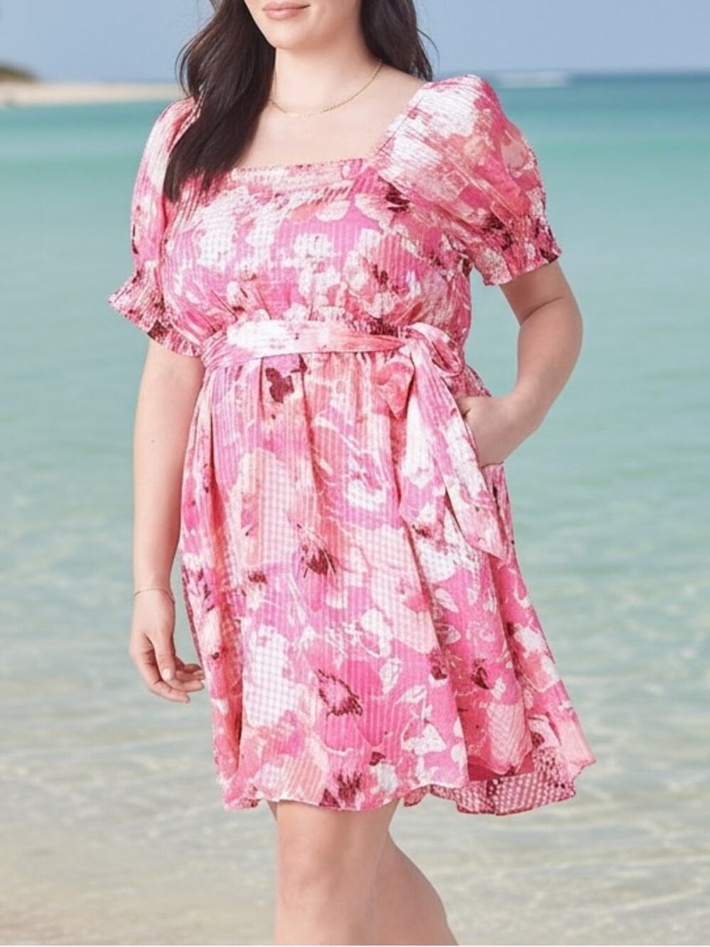 Lane Bryant NWOT Smocked Fit & Flare Dress Pink Floral  Puff Sleeve plus Size 20